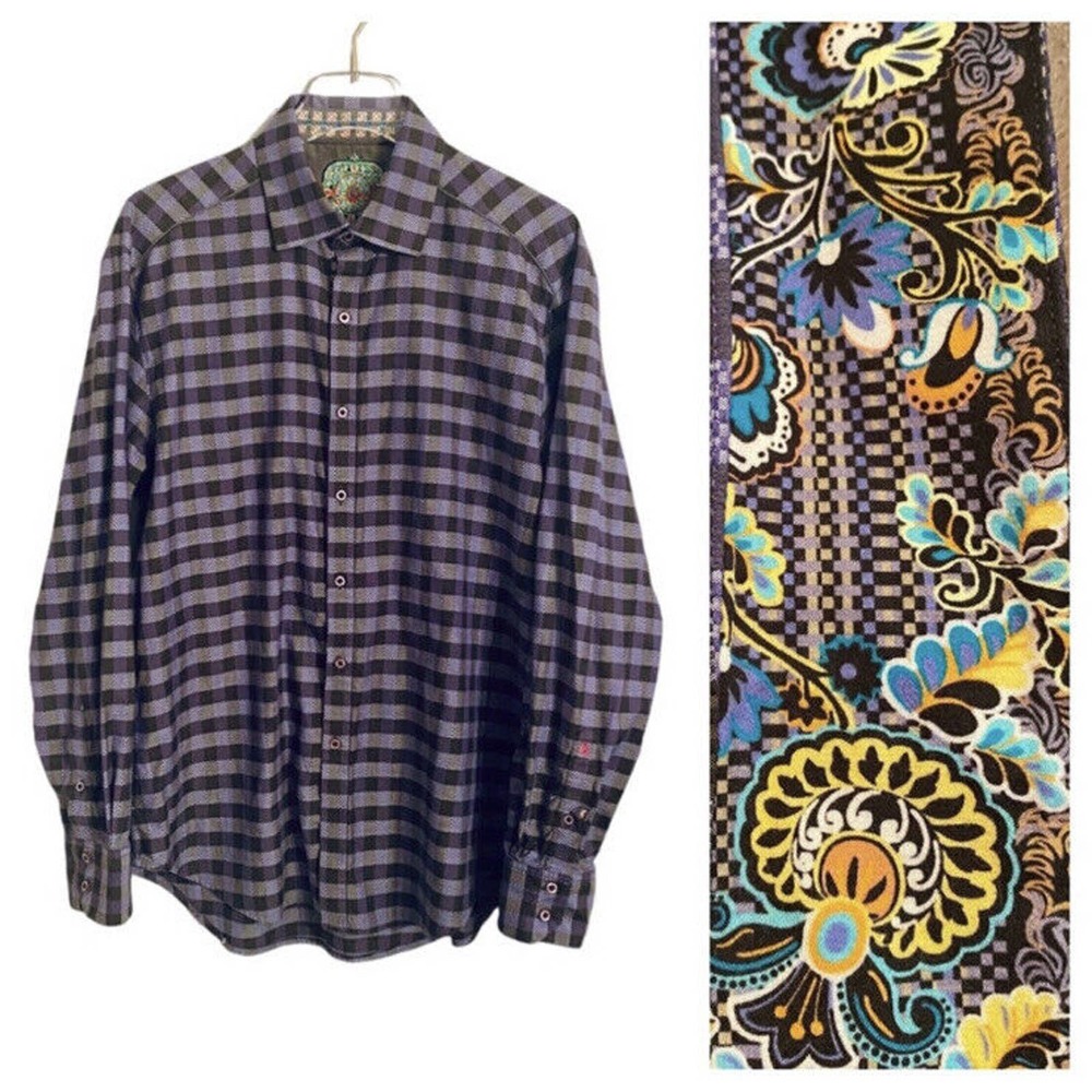 Robert Graham Quirky Plaid Shirt Long Sleeve Button Down Flip Cuffs Purple Black